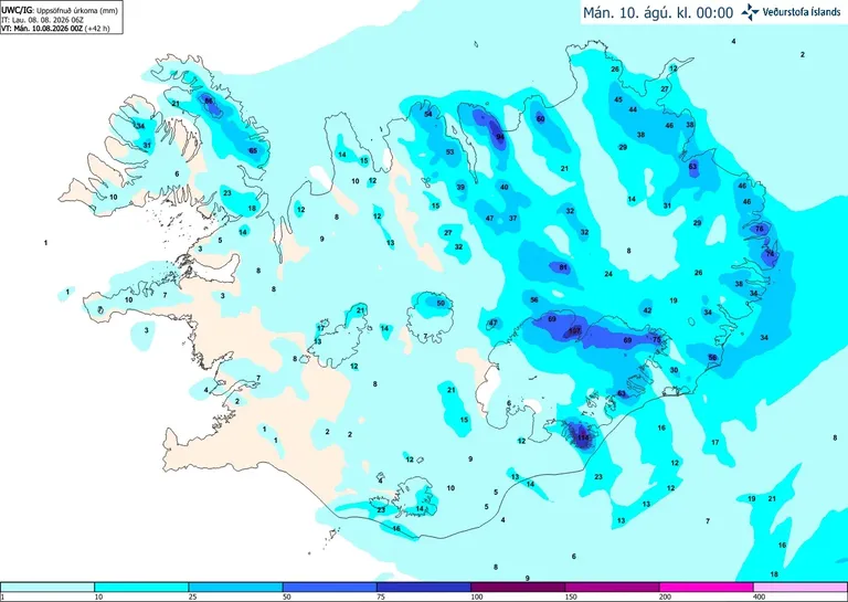 Considerable amount of rain expected in the Flateyjarskagi peninsula and in parts of the Eastfjords.