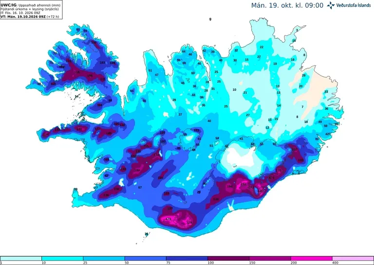 Spáin gerir ráð fyrir þónokkurri uppsafnaðri úrkomu og leysingum á næstu sólarhringum. Mest í kringum jöklana en einnig á Sunnan- og Norðanverðum Vestfjörðum og Ströndum