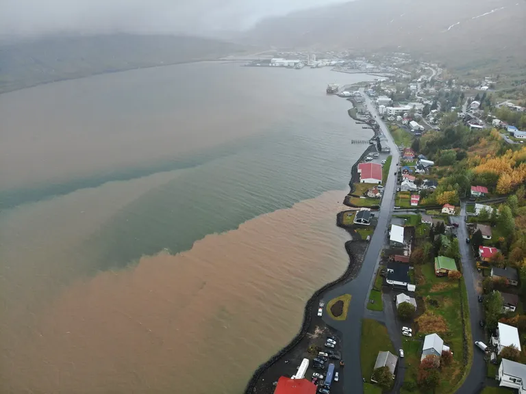 Myndin sýnir brúnt vatn renna niður Ljósá á Eskifirði, og hvernig sjórinn í firðinum hefur litast af brúna vatninu úr ánni.