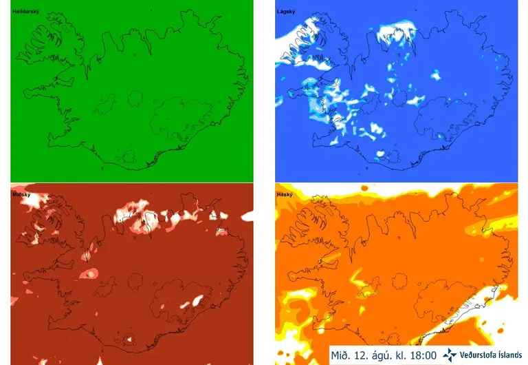 Fjögur kort af Íslandi úr DINI-háupplausnarlíkaninu sem sýna heildarskýjahulu, lágský, miðský og háský kl. 18 miðvikudaginn 12. ágúst. Heildarskýjahula nær yfir nær allt landið en göt eru í einstökum skýjalögum, meðal annars á Vestfjörðum og vestanlands.