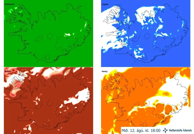 Fjögur litakóðuð spákort úr DINI-háupplausnarlíkaninu sýna heildarskýjahulu, lágský, miðský og háský yfir Íslandi. Kortin eru úr keyrslu kl. 9 þann 11. ágúst og spáin gildir kl. 18 þann 12. ágúst.