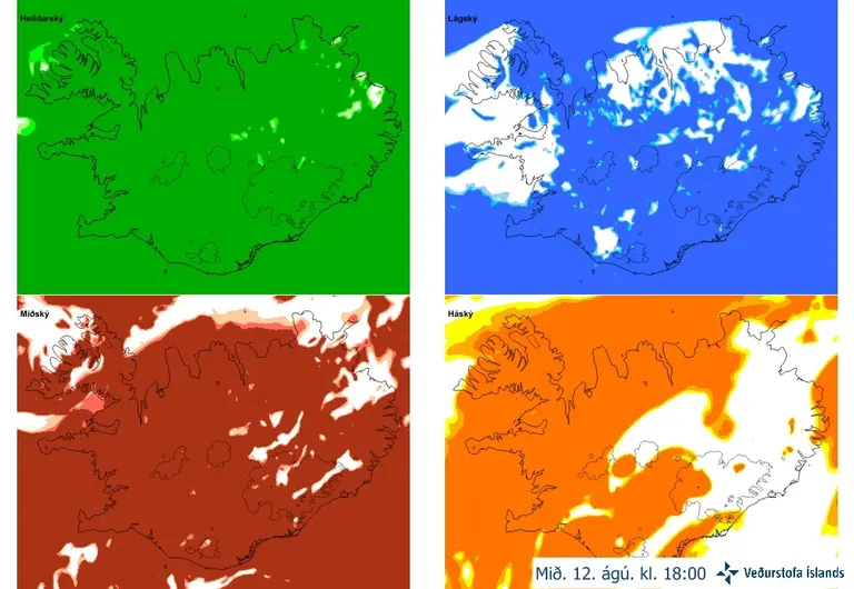 Four cloud-cover maps of Iceland from the DINI high-resolution model, valid at 18:00 on Wednesday 12 August. Total cloud cover extends across almost the entire country, but there are widespread breaks in the low cloud over the Westfjords and northern Iceland. The medium-level cloud is broken in places in eastern Iceland, while there are large gaps in the high cloud over eastern and southeastern Iceland.