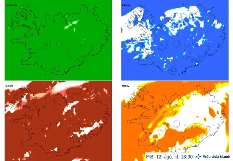 Four forecast maps of Iceland from the DINI high-resolution model showing total, high, mid-level and low cloud cover at 18:00 on 12 August. The model shows possible breaks in the cloud cover in parts of western and northwestern Iceland, although in somewhat different locations from the IG model.