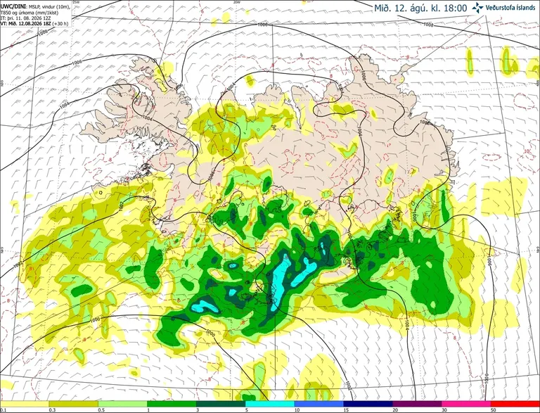 Map from the DINI high-resolution model showing precipitation, wind and atmospheric pressure over Iceland at 18:00 on Wednesday 12 August. An extensive area of precipitation covers southern and southwestern Iceland, with the heaviest rainfall along the south coast. Rainfall is more scattered in western Iceland and inland, while the Westfjords and northeastern Iceland are mostly dry. Easterly and northeasterly winds prevail, with the strongest winds along the south coast.