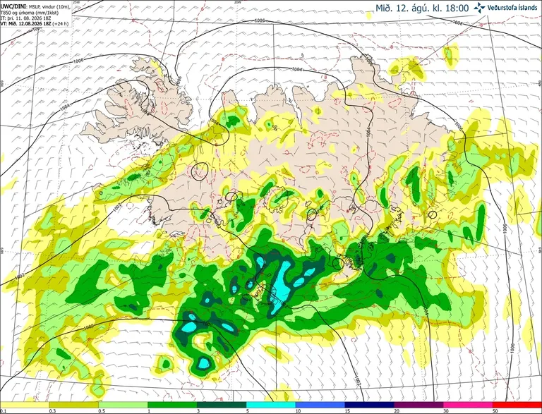 Forecast map of Iceland from the DINI high-resolution model showing precipitation and wind at 6 p.m. on 12 August. The model places the main area of rain over southern Iceland, although its position and extent differ somewhat from the IG forecast.
