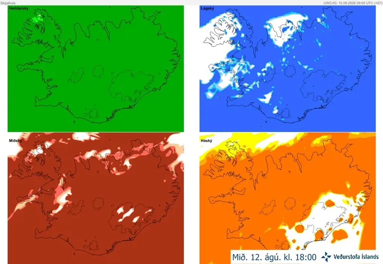 Fjögur veðurkort af Íslandi sem sýna spá um heildarskýjahulu, lágský, miðský og háský kl. 18 miðvikudaginn 12. ágúst. Líkanaspáin gerir ráð fyrir nær samfelldri heildarskýjahulu, en mögulegum götum í skýjahulunni, einkum vestanlands og á Vestfjörðum.