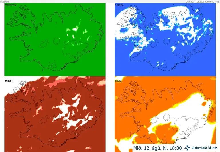 Fjögur litakóðuð spákort af Íslandi sýna heildarskýjahulu, lágský, miðský og háský samkvæmt IG-háupplausnarlíkaninu. Spáin gildir kl. 18 miðvikudaginn 12. ágúst.