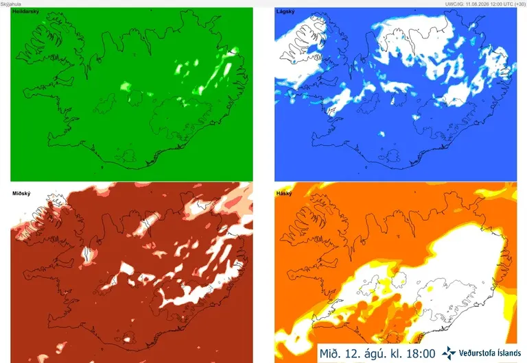 Four cloud-cover maps of Iceland from the IG high-resolution model, valid at 18:00 on Wednesday 12 August. Total cloud cover extends across almost the entire country, but there are breaks in the low cloud, particularly in the Westfjords and northern Iceland. The medium- and high-level cloud is broken in other areas, particularly in southern and eastern Iceland.