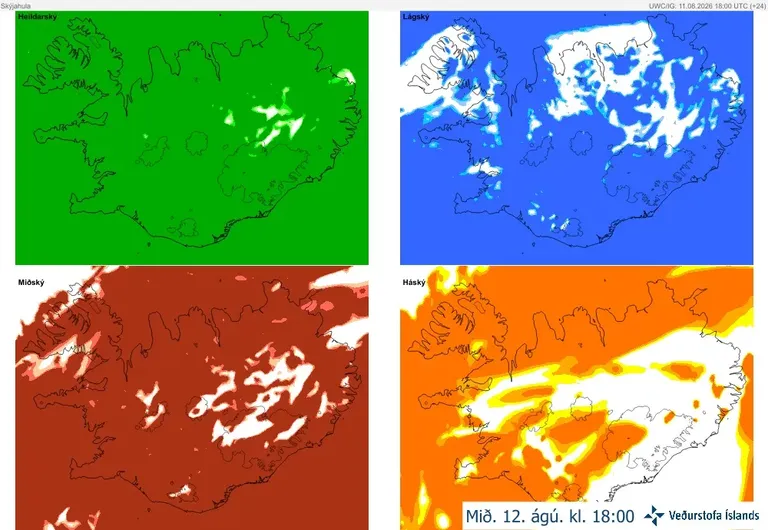 Four forecast maps of Iceland from the IG high-resolution model showing total, high, mid-level and low cloud cover at 18:00 on 12 August. Extensive cloud cover is forecast across the country, with possible breaks in western and northwestern Iceland, particularly in the Westfjords.